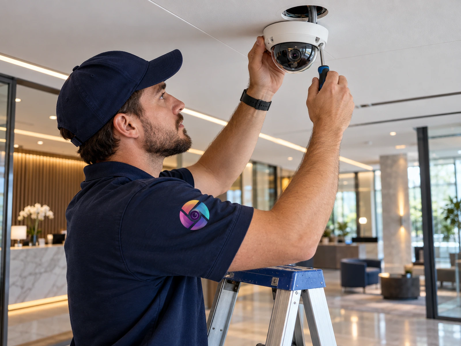 Technician installing a dome camera in a hotel lobby