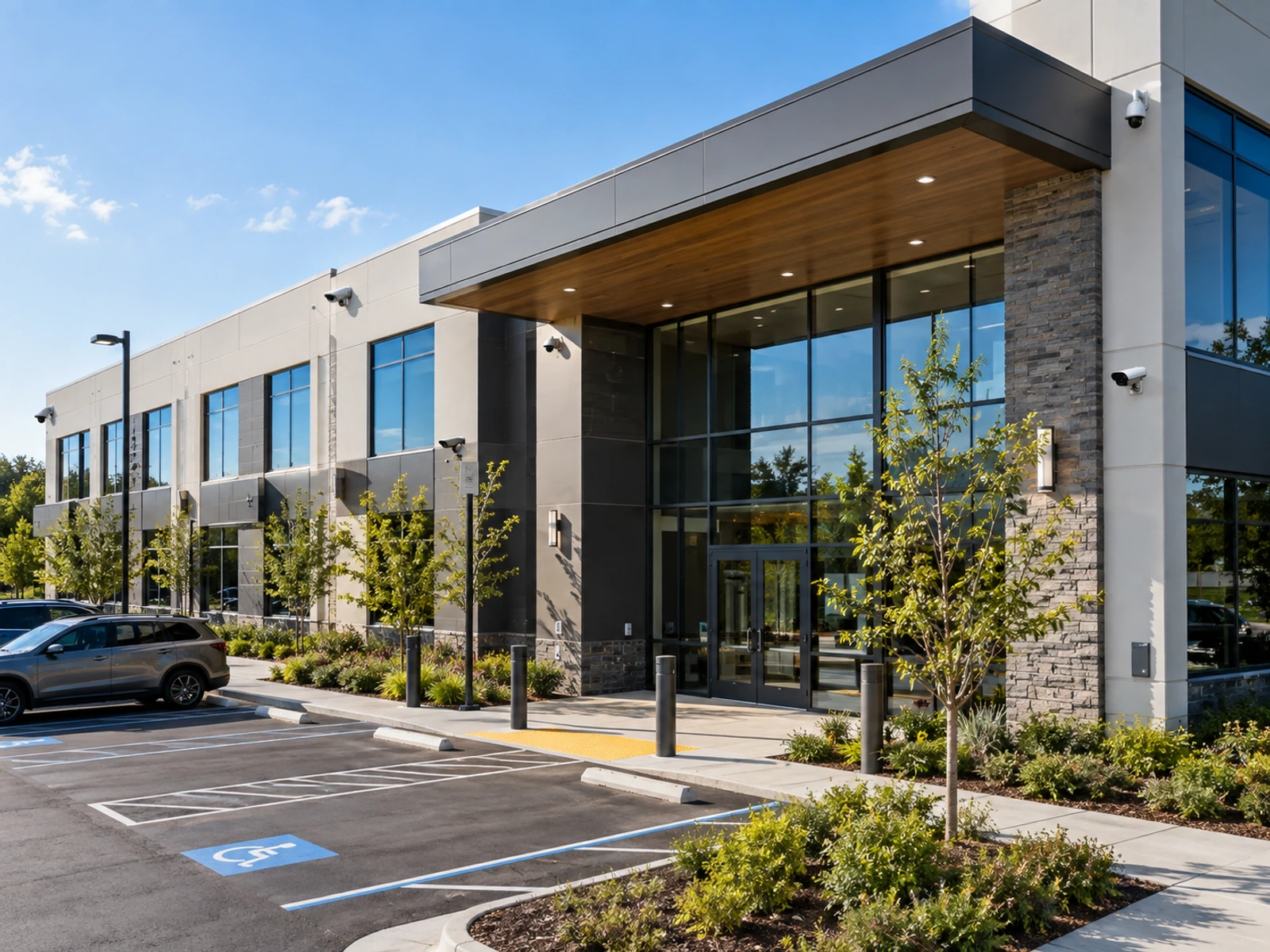 Modern commercial property with installed security cameras