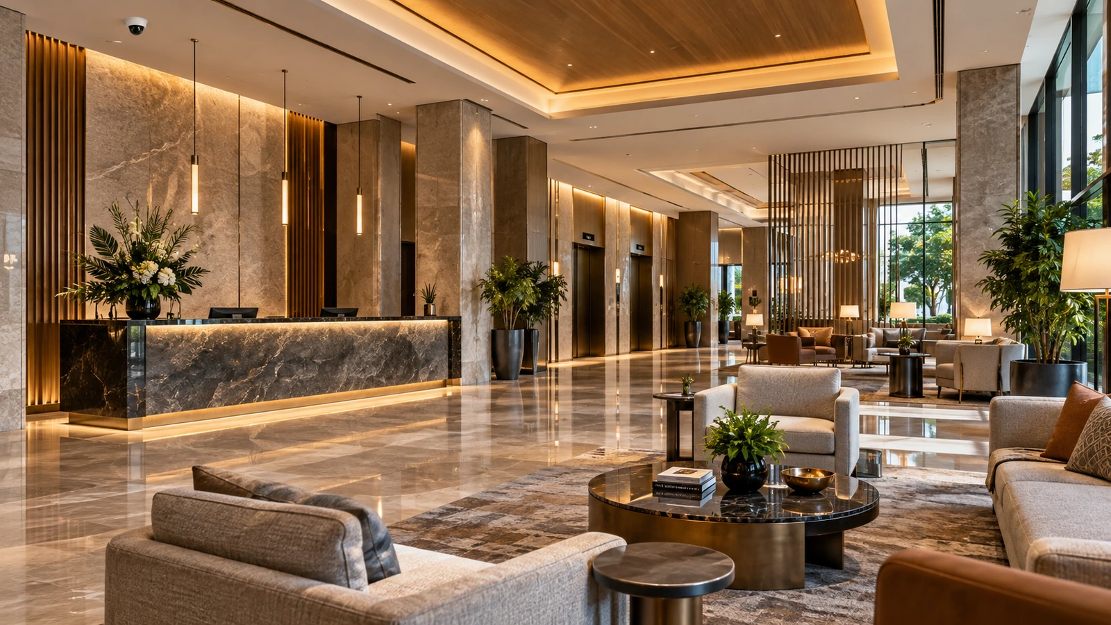 Bright hotel lobby with a ceiling mounted camera