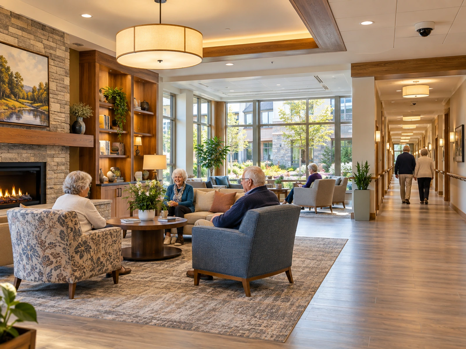 Welcoming senior living lounge with discreet security cameras
