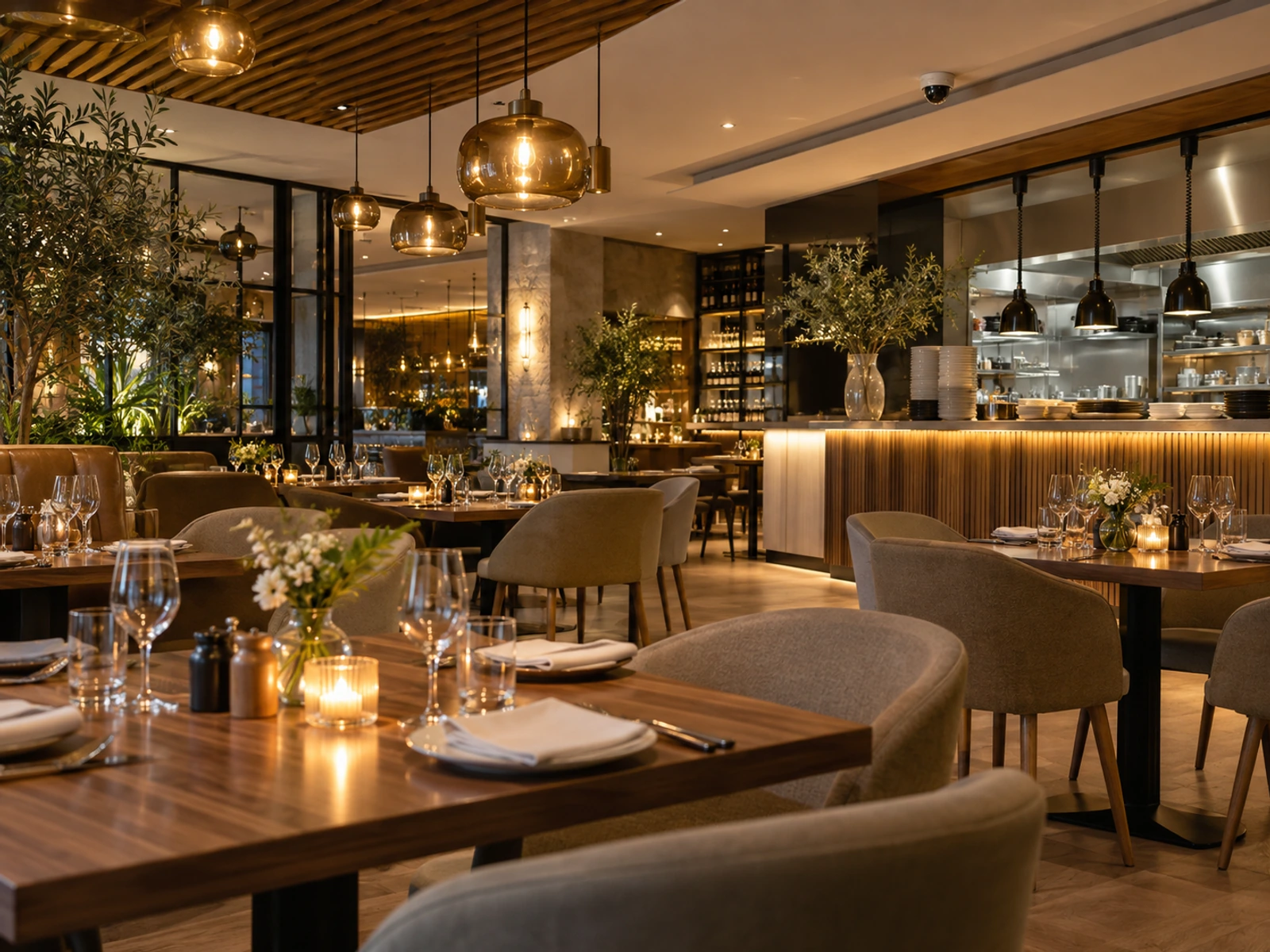 Restaurant dining room with a discreet ceiling camera