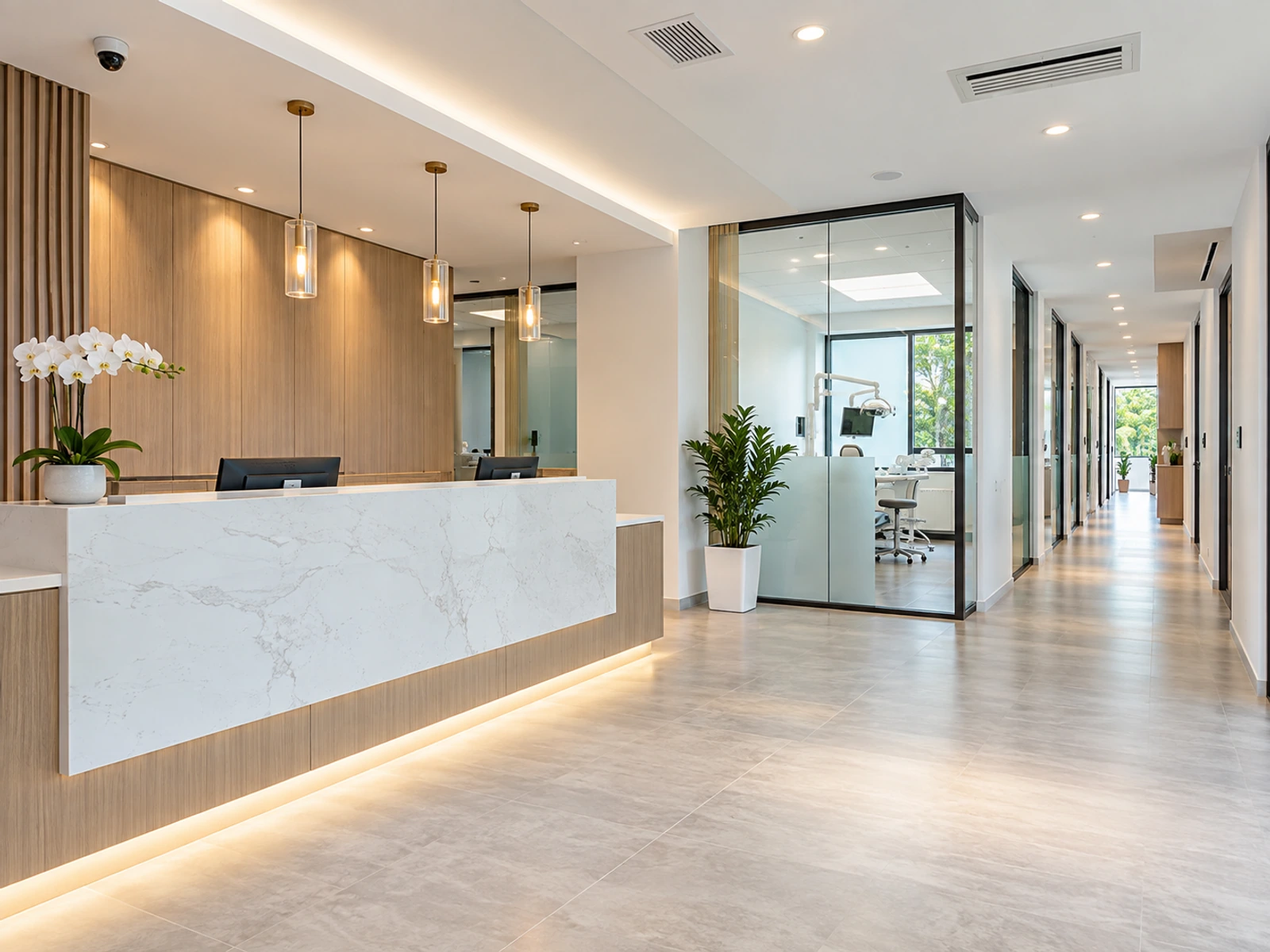 Bright dental reception with glass doors