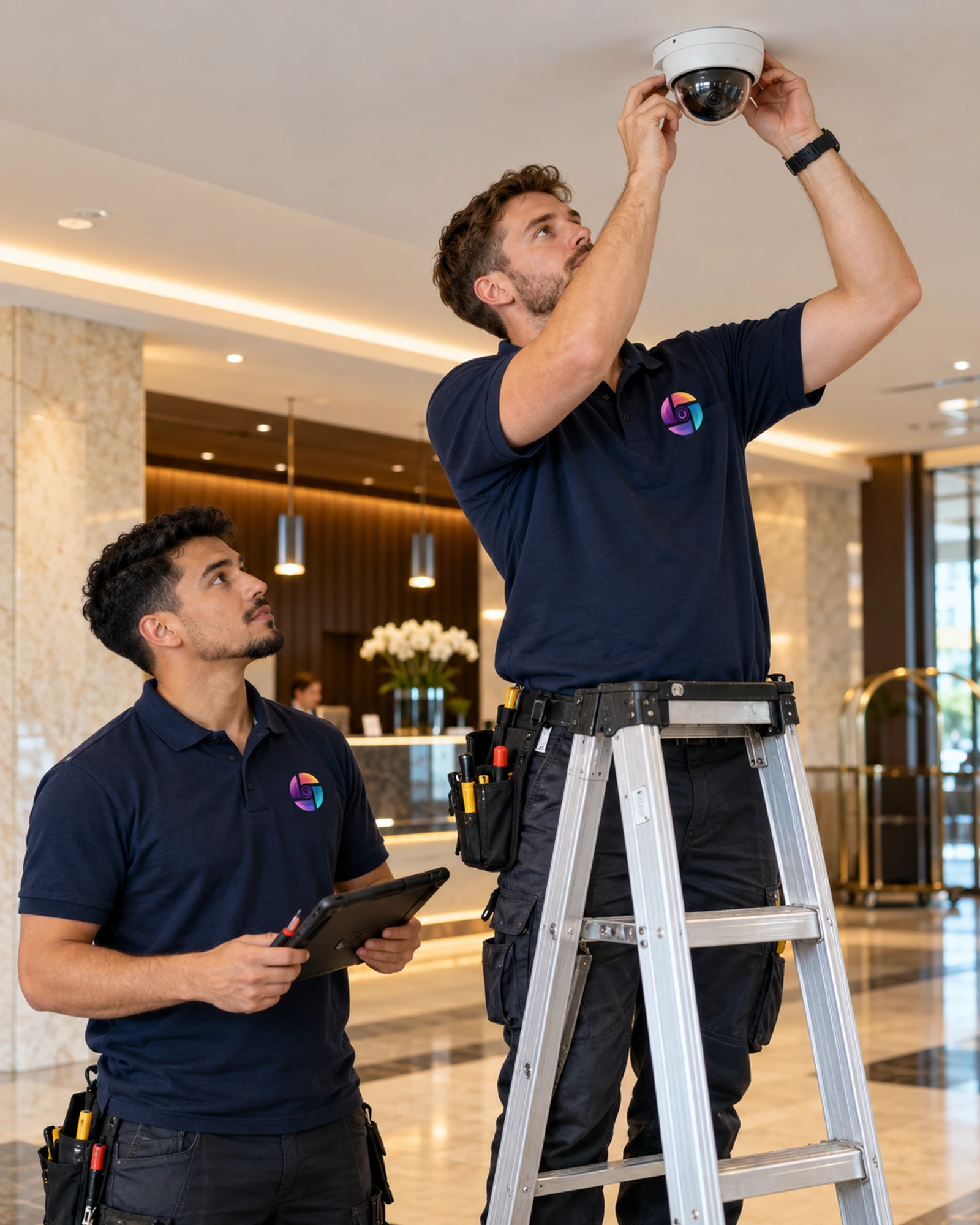 Technicians in UnitecPro shirts installing cameras in a hotel lobby