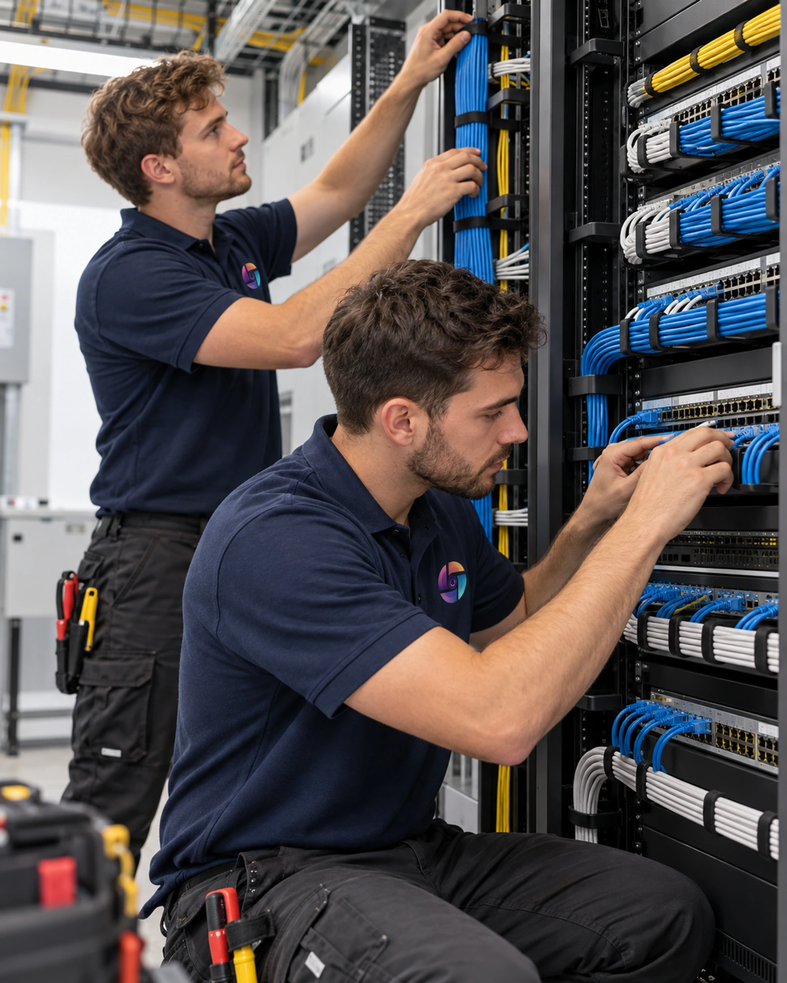 Technicians in UnitecPro shirts organizing a network rack