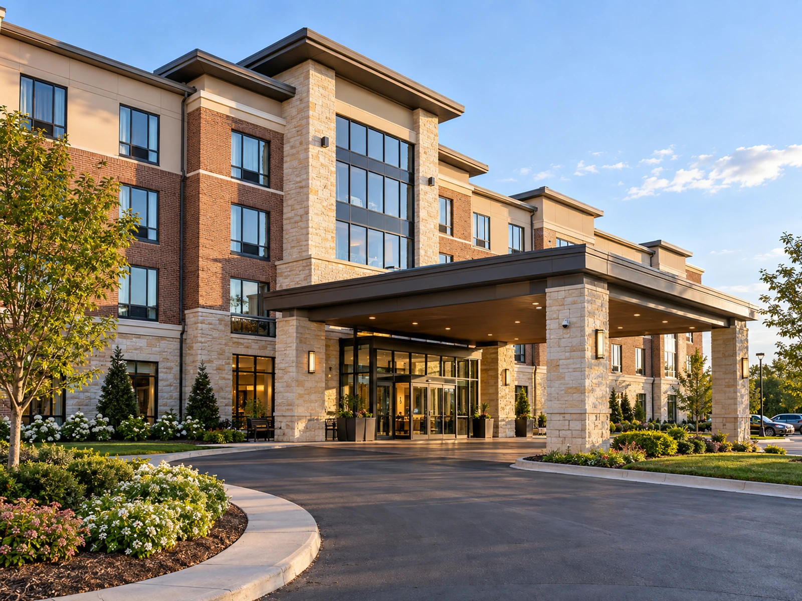 Hotel entrance and landscaped driveway