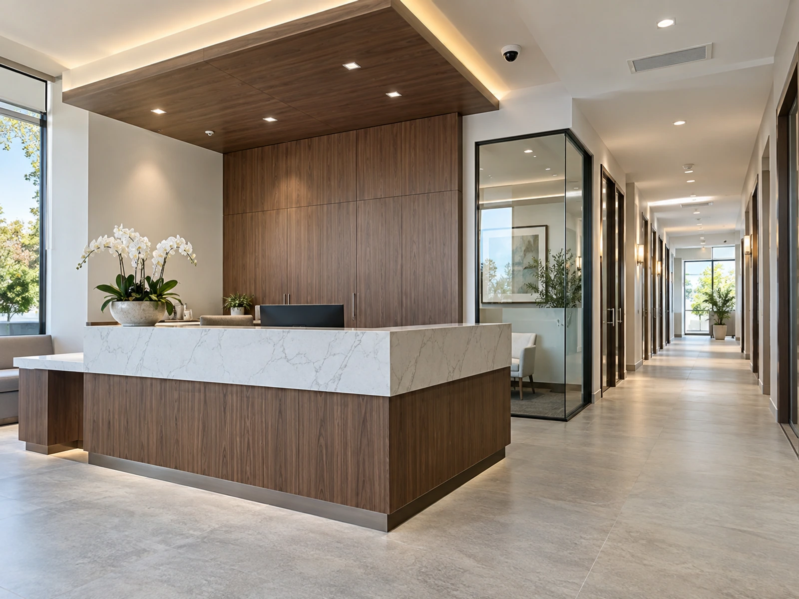 Reception and glass corridor in a professional building