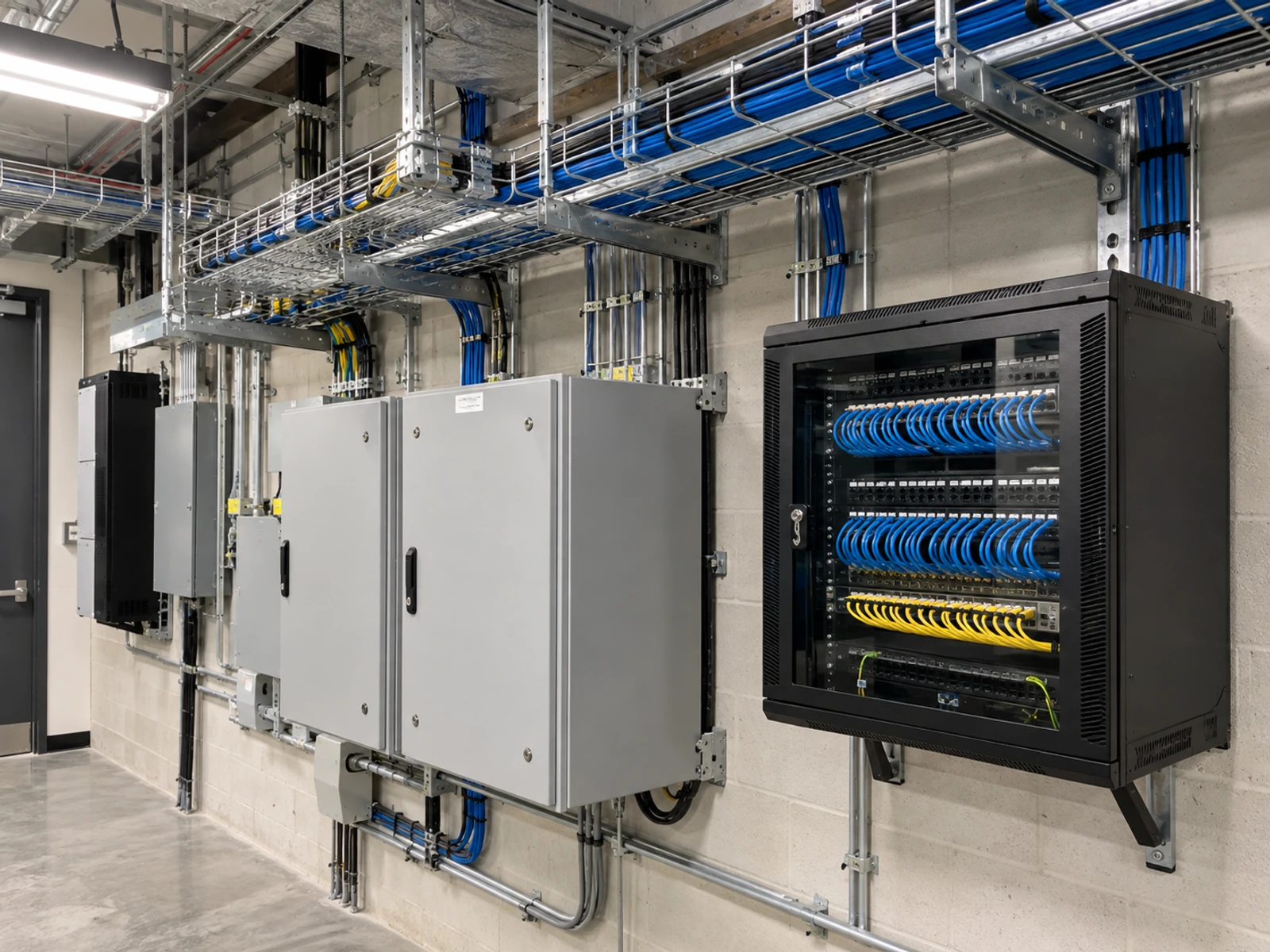 Organized commercial network rack and cable routes