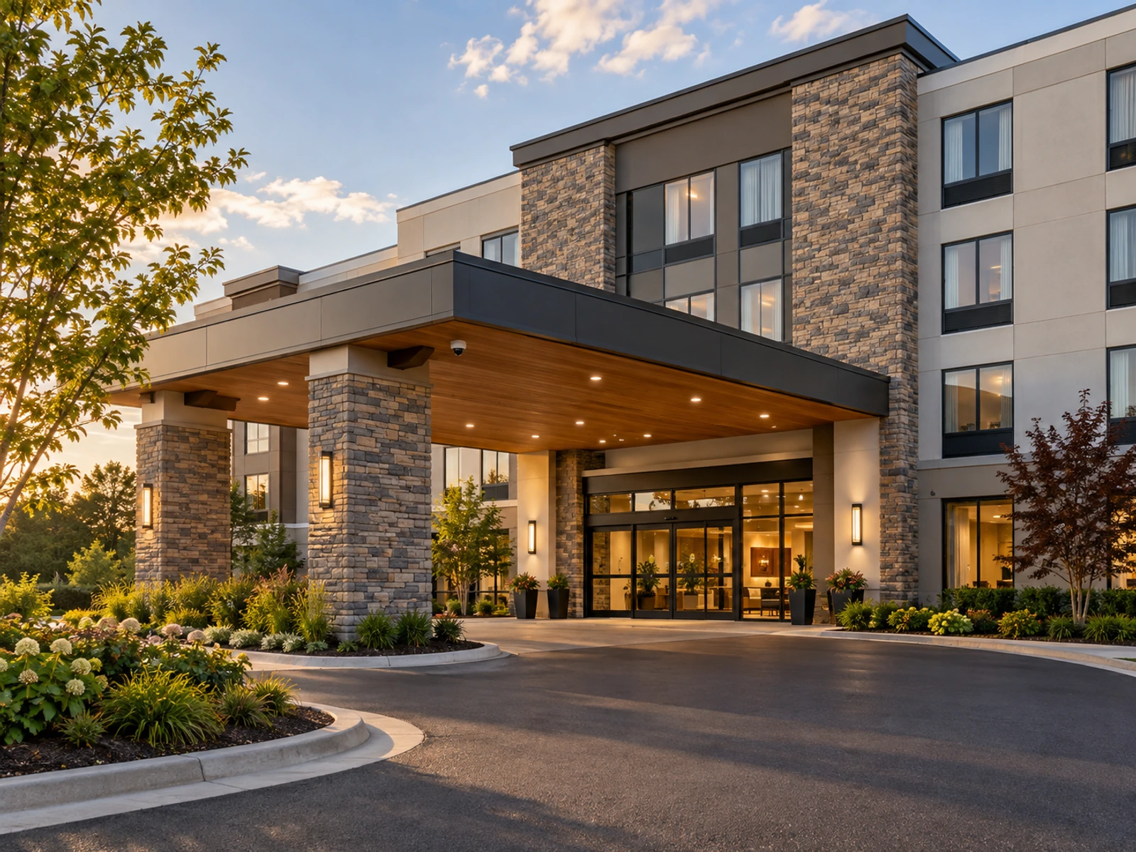 Hotel entrance with landscaped grounds and a discreet security camera